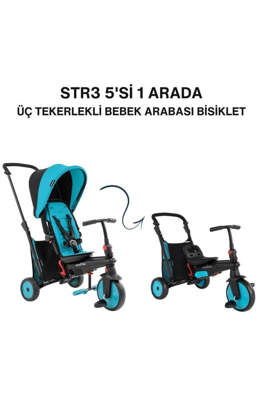 STR3 Plus 5’i 1 Arada Modüler Katlanabilir Bebek Arabası ve Üç Tekerlekli Bebek Bisikleti - Blue