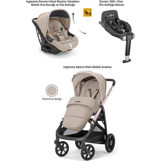 Aptica Glam Tek El ile Açılabilen Çift Yön Bebek Arabası Yatabilen Ana Kucağı Baza 3lü Set