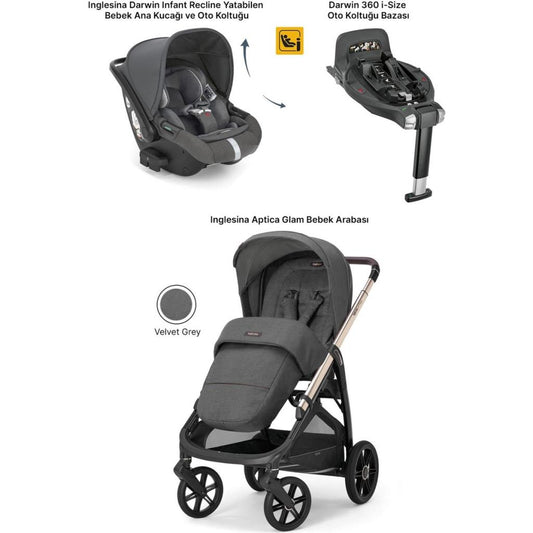 Aptica Glam Tek El ile Açılabilen Çift Yön Bebek Arabası Yatabilen Ana Kucağı Baza 3lü Set
