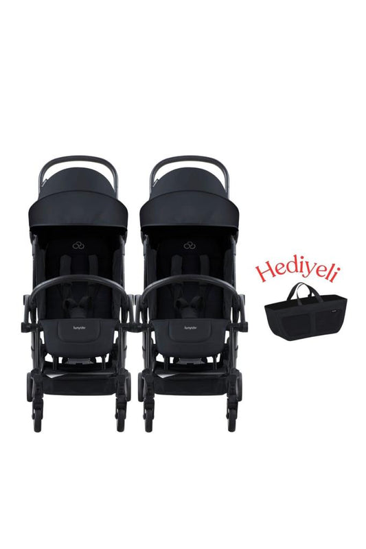 Connect³ İkiz Bebek Arabası / Black - Black & Yan Düzenleyici Çanta Hediyeli