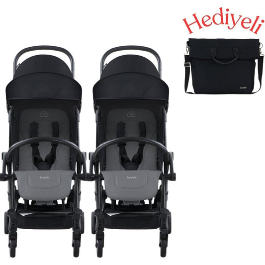 Connect³ Ikiz Bebek Arabası Black - Grey Melange & Yan Bakım Çantası Hediyeli