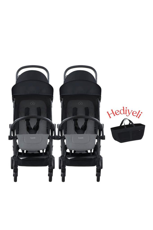 Connect³ İkiz Bebek Arabası / Black - Grey Melange & Yan Düzenleyici Çanta Hediyeli