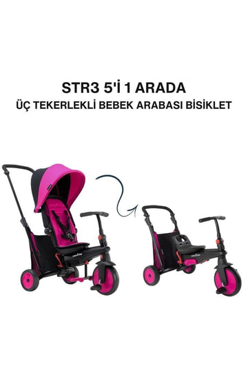 STR3 Plus 5’i 1 Arada Modüler Katlanabilir Bebek Arabası ve Üç Tekerlekli Bebek Bisikleti - Pink